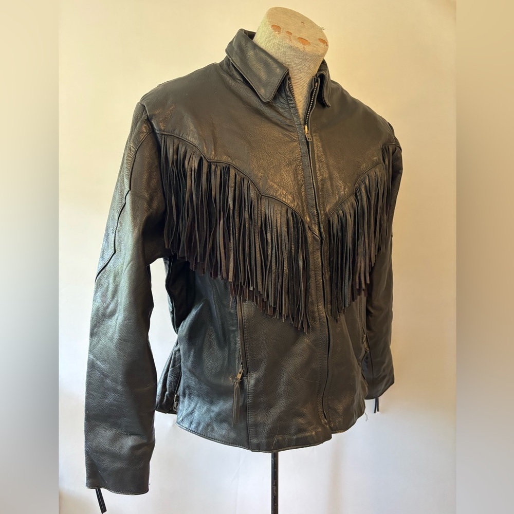 Vintage UNIK Fringed Black Leather Jacket nice cond. Sz 42-44. W XL/XXL M L/XL